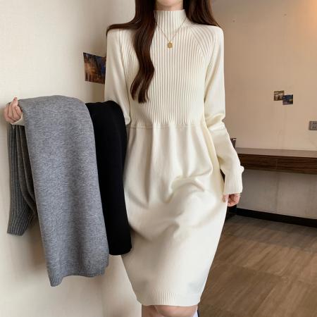RM32042#新款加厚拼接半高领针织裙毛衣女大码宽松打底连衣裙