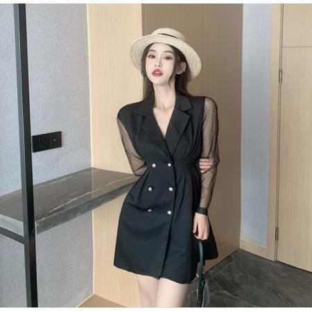RM32050#新款实拍大码女装气质网纱拼接收腰西装连衣裙M-4XL200斤