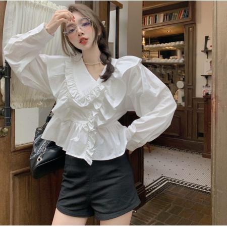 RM32051#新款韩款大码女装时髦衬衫花边v领长袖衬衣M-4XL200斤