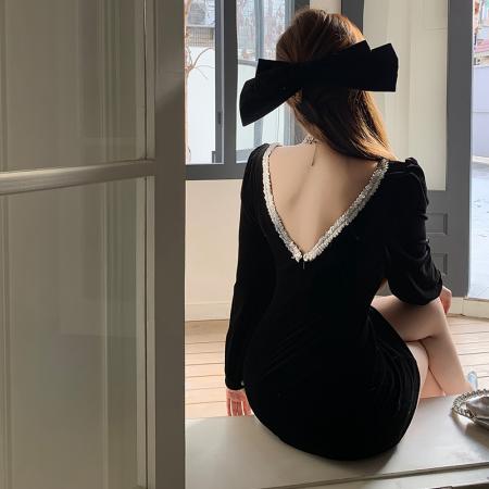 RM32073#纯欲性感大V露背气质亮片丝绒连衣裙礼服裙