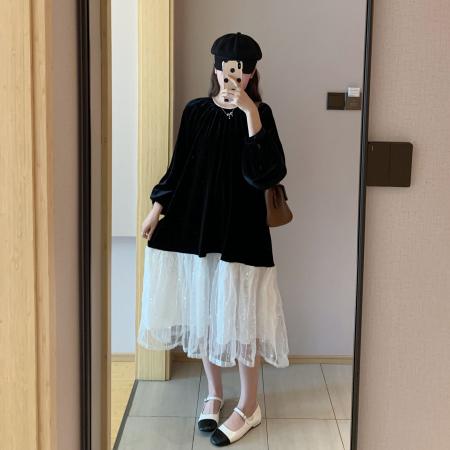 RM32084#高端真丝绒国际洋气金丝绒法式轻奢大码连衣裙