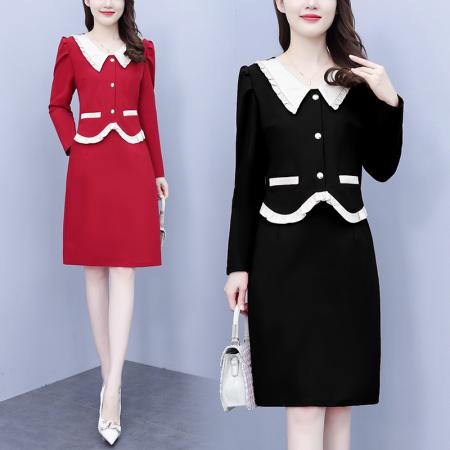 RM32086#大码女装 新款胖MM收腰显瘦时尚气质拼接假两件连衣裙