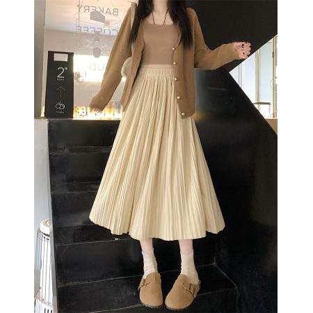 RM32088#新款韩版高腰显瘦纯色百褶丝绒中长款半身裙女