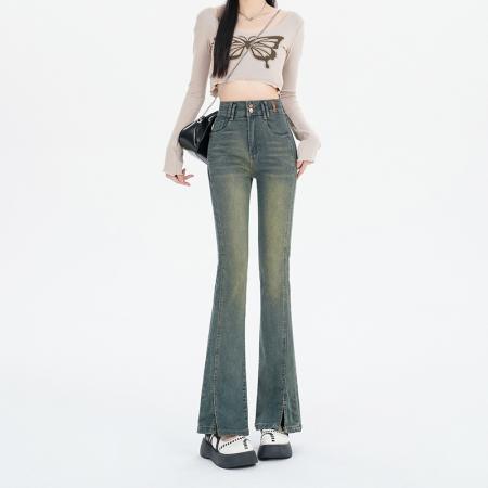 RM32097#复古高腰微喇牛仔裤女2023秋季新款修身显瘦开叉喇叭裤