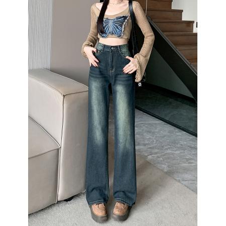 RM32100#美式高街复古牛仔裤女直筒宽松新款高腰阔腿裤2023裤子