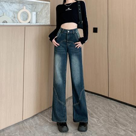 RM32102#复古牛仔裤女秋季辣妹高街设计感高腰显瘦宽松阔腿裤子