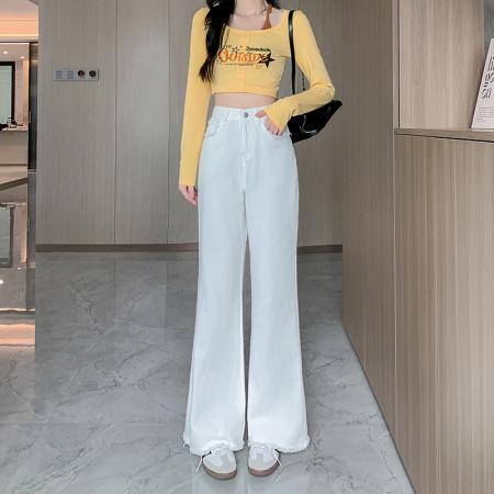 RM32103#白色直筒牛仔裤女2024年显瘦阔腿裤宽松休闲裤毛边长裤