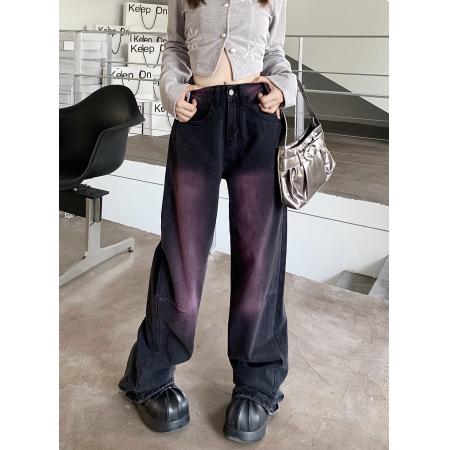 RM32106#水洗做旧新款涂鸦牛仔裤女复古设计感直筒阔腿长裤