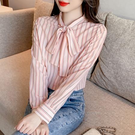 RM32109#优雅仿真丝系带领衬衫长袖条纹衬衣女装上衣