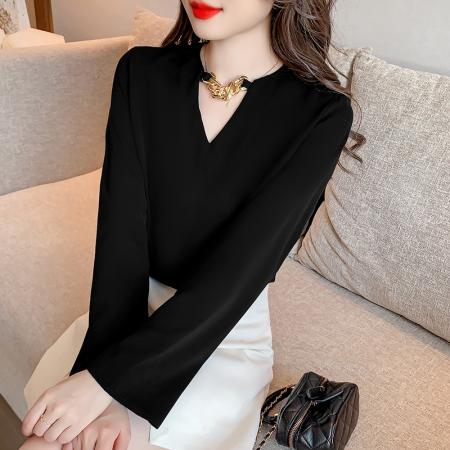 RM32110#法式V领链条衬衫女新款设计感小众长袖垂感收腰衬衣