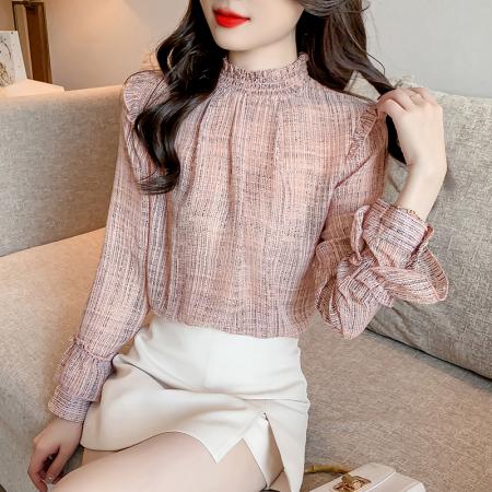 RM32114#新款松紧花边领雪纺上衣女宽松显瘦长袖印花衬衫
