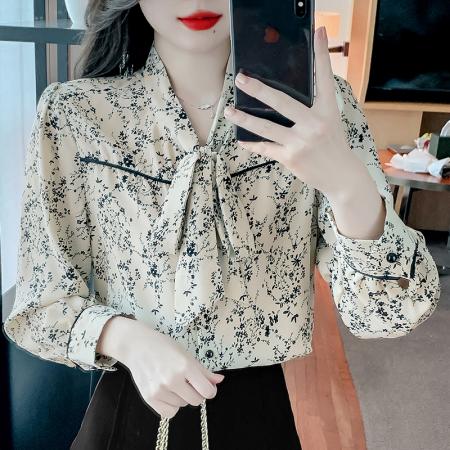 RM32119#新中式泼墨印花系带领碎花衬衫女式秋装款通勤长袖女衬衣