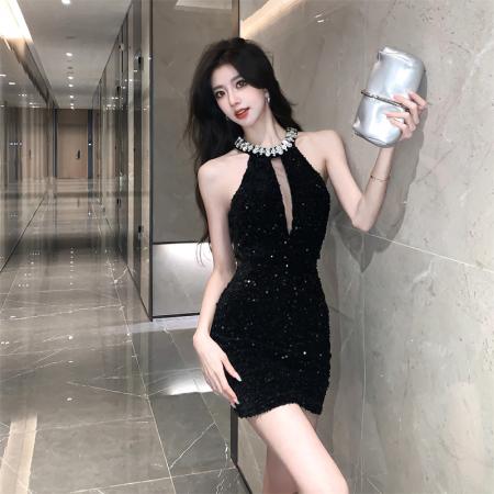 RM32158#丝绒亮片手工钉珠无袖礼服修身连衣裙短款有胸垫