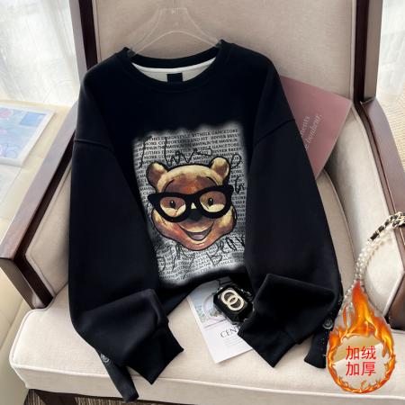 RM32175#潮牌爆款毛巾绣卡通下摆开叉卫衣宽松休闲长袖圆领套头