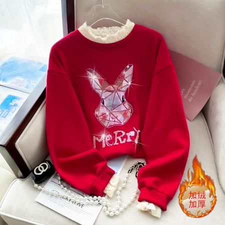 RM32176#新款蕾丝半高领假两件加绒卫衣重工烫钻打底上衣