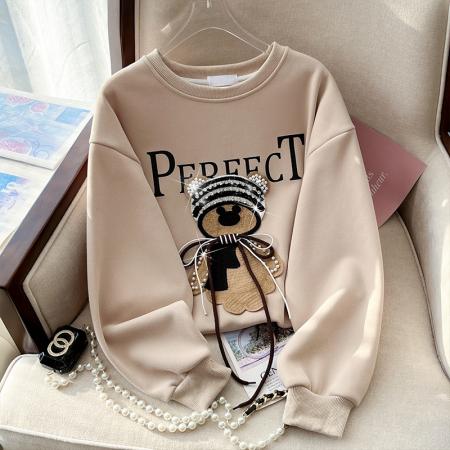 RM32178#新款重工镶钻蝴蝶结小熊设计感钉珠卫衣女潮牌休闲