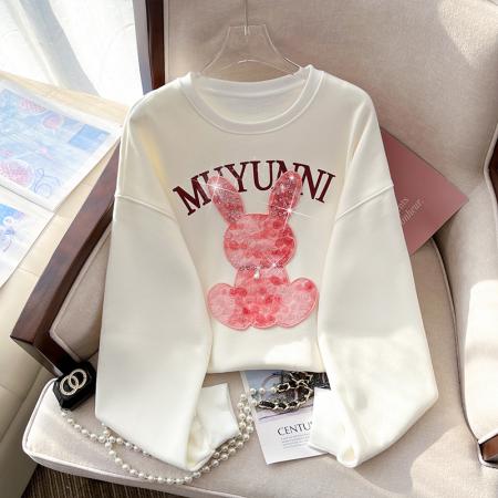 RM32181#新款重工钉珠玫瑰小兔百搭休闲宽松卫衣女潮牌