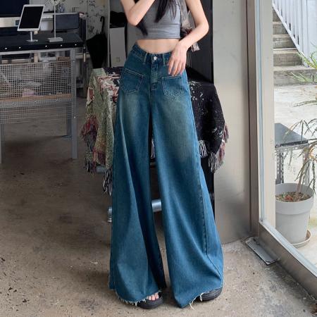 RM32183#复古阔腿牛仔裤裙女春季新款高腰显瘦设计感毛边宽松喇叭裤子