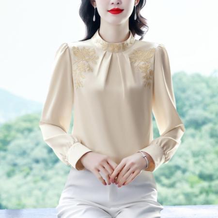 RM32189#新款真丝上衣女纯色百搭衬衣绣花立领桑蚕丝上衣