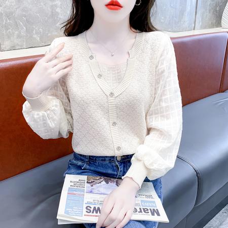 RM32202#单排扣针织衫甜美减龄洋气内搭雪纺长袖上衣