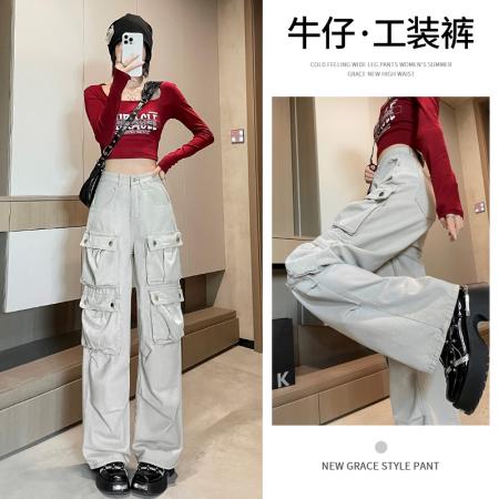 RM32218#美式复古多口袋水洗浅色直筒工装裤重工设计感阔腿拖地牛仔休闲裤