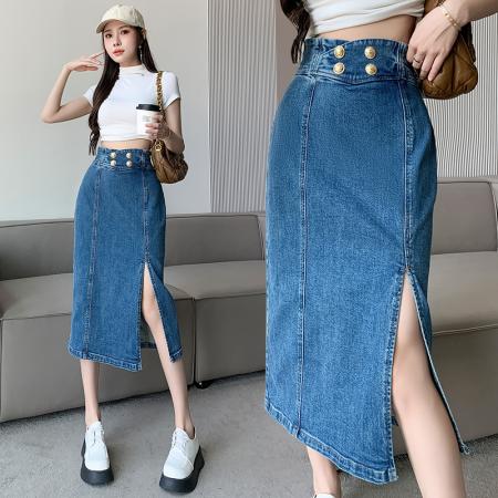 RM32228#新款牛仔蓝轻奢气质金属扣前开叉宽松显瘦高腰牛仔半身裙