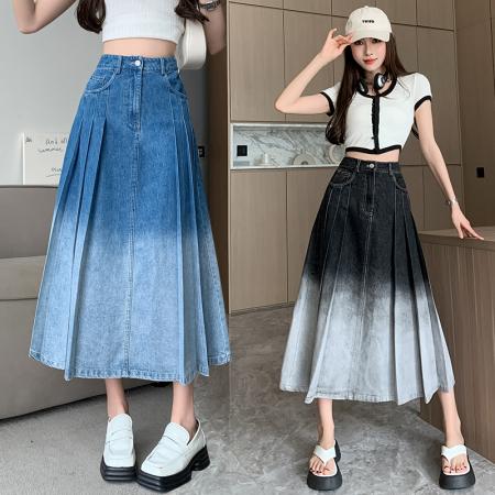 RM32231#时尚新款韩版水洗复古渐变压褶百搭牛仔半身裙女