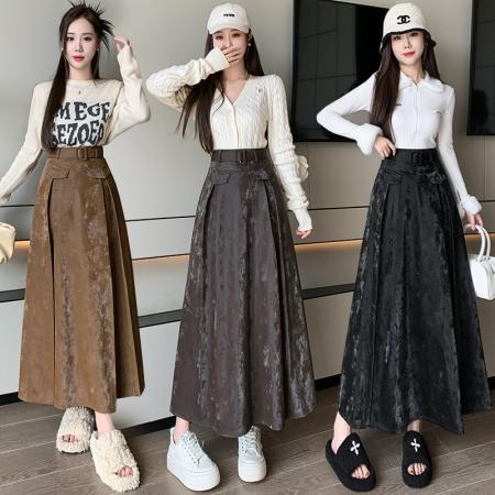 RM32232#裙子女秋冬皮裙气质通勤高腰伞裙pu大摆裙复古半裙a字长裙