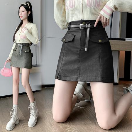 RM32233#PU洗水皮裙半身裙秋冬2023年新款辣妹皮短裙显瘦A字裙