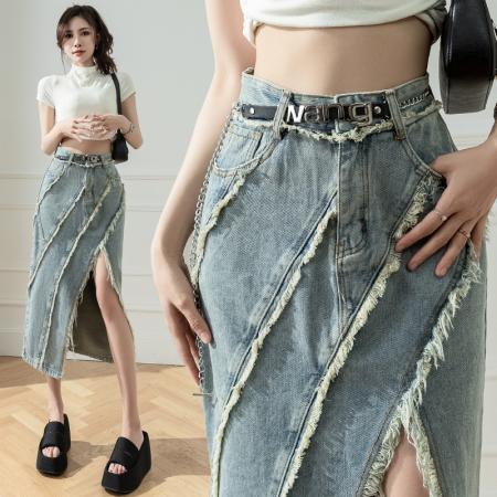 RM32234#时尚个性不规则斜边流苏高腰牛仔半身裙女港风开叉一步裙