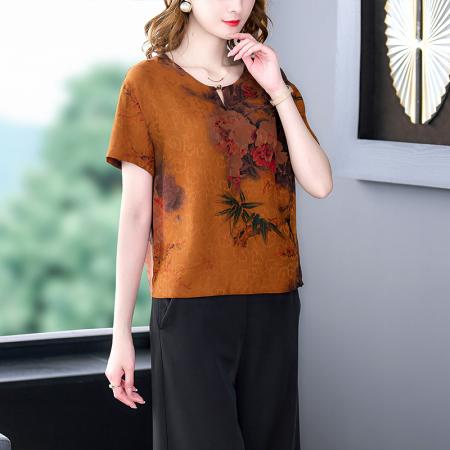 RM32240#香云纱复古重磅真丝衬衫女大码显瘦上衣小衫2024春夏新款中年妈妈