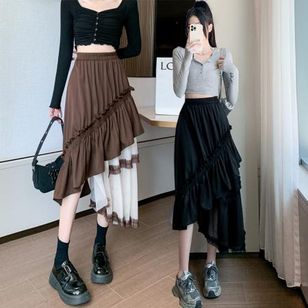 RM32246#春季新款网纱拼接不规则中长款木耳边半身裙子