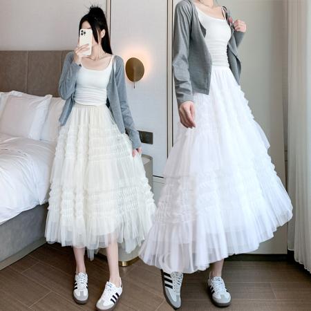 RM32249#新款温柔风高腰拼接网纱半身裙中长款a字仙女裙子