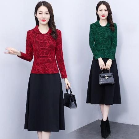 RM32258#改良旗袍连衣裙女 新款喜婆婆婚宴婚礼服妈妈假两件套裙夏