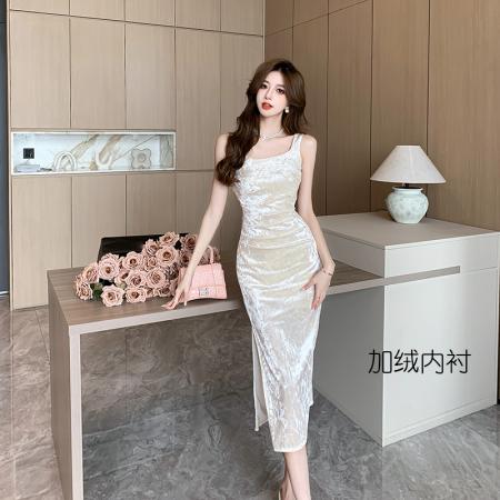 RM32287#加绒内衬秋冬无袖背心裙时尚方领修身开衩连衣裙