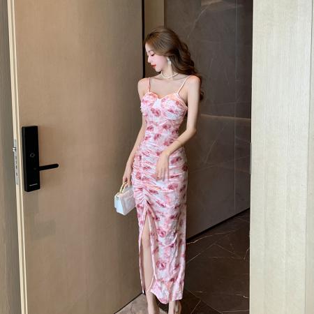 RM32296#法式浪漫粉花色丝绒吊带裙长款开叉女人味连衣裙