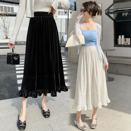 RM32299#松紧腰丝绒半身裙 设计感下摆荷叶边高腰A字长裙