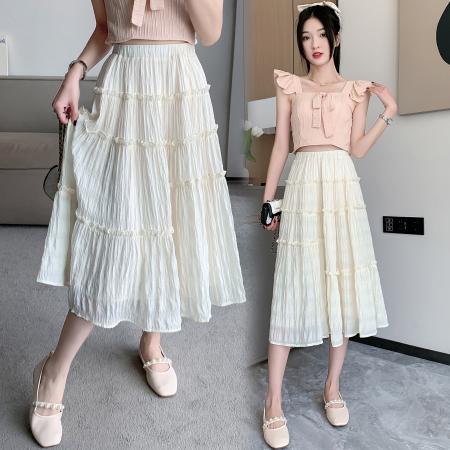 RM32301#层叠木耳褶白色半身裙女小个子高腰a字裙春款蛋糕裙