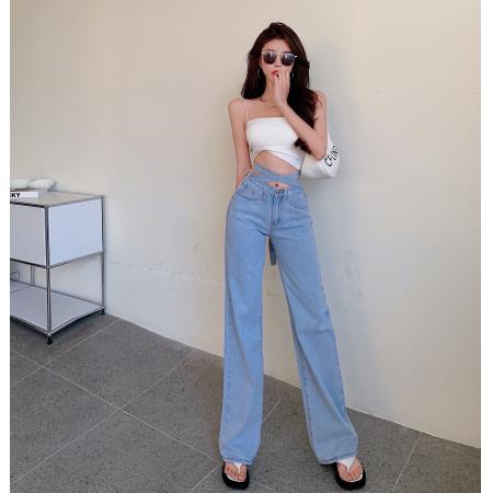 RM32318#时尚交叉高腰阔腿裤女显瘦复古港味新款牛仔裤潮