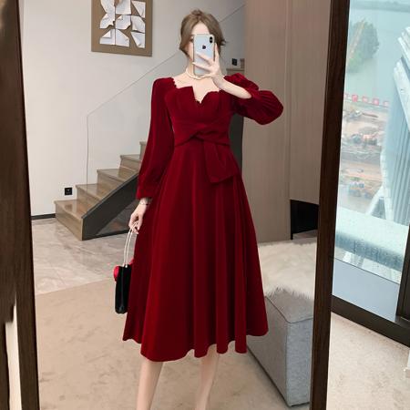 RM32330#敬酒服新娘蝴蝶结珍珠气质订婚连衣裙平时穿回门红色礼服女