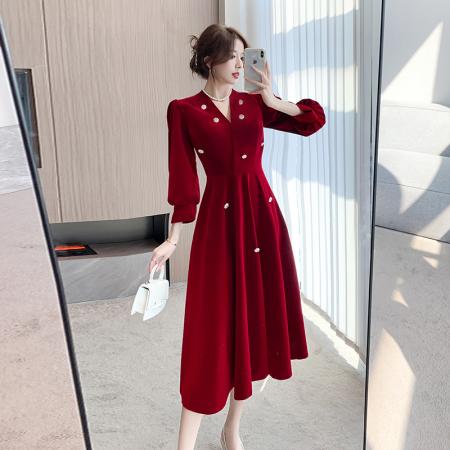 RM32334#高级感复古连衣裙女2024春秋新款敬酒回结婚回门气质礼服裙