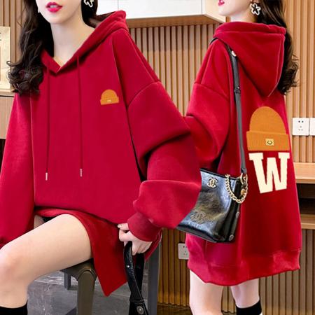 RM32339#纯棉华棉复合牛奶丝前后帽子字母印花卫衣女