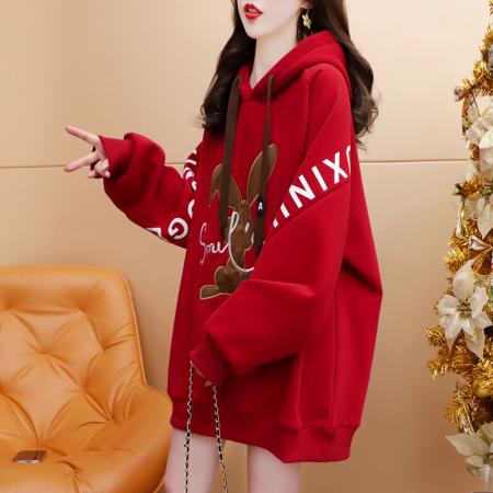 RM32341#仿华棉复合牛奶丝 兔子刺绣百搭插肩连帽卫衣