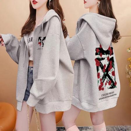 RM32342#斜纹 涂鸦字母印花设计连帽卫衣外套女