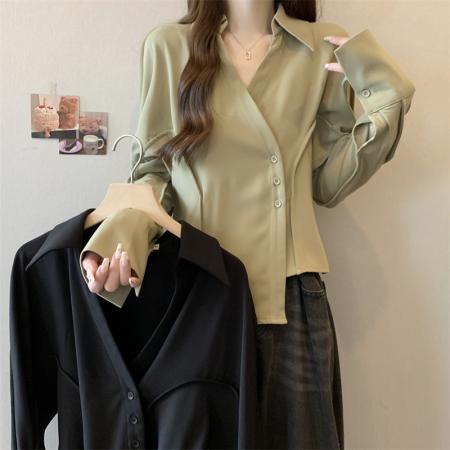 RM32342#大码春季新款高级感复古鱼骨收腰百搭显瘦长袖短款衬衣女