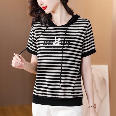 RM32349#夏季休闲连帽纯棉T恤大码微胖条纹