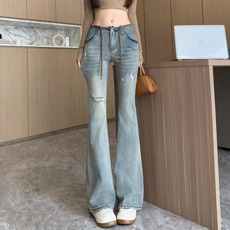 RM32363#新款低腰刺绣设计感微喇叭牛仔裤复古韩版弹力修身显高