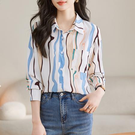 RM32368#几何抽象印花复古通勤气质上衣长袖女衬衫