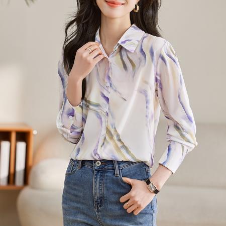 RM32369#法式复古浪漫温柔淡紫色云霞水墨印花柔糯砂洗长袖衬衫休闲