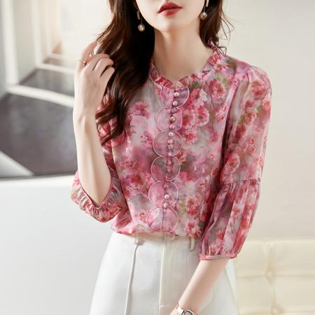 RM32374#法式碎花上衣女 新款重工刺绣雪纺印花女士衬衫七分袖